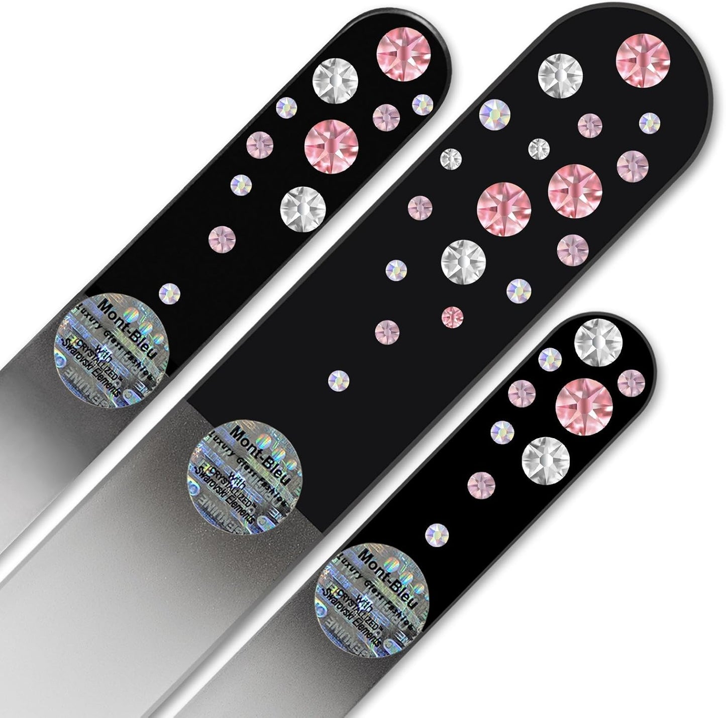 Mont Bleu Set of 3 Glass Nail Files Hand Decorated with Crystals - Hand Made, Czech Tempered Glass