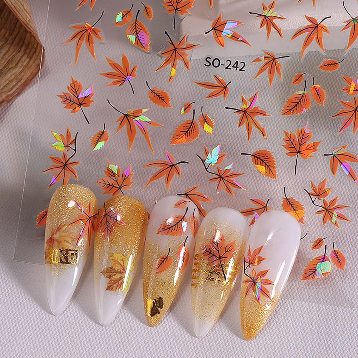Laser Maple Leaf Nail Art Stickers Decals Holographic Glitter Self-Adhesive Fall Nail Decals Design Thanksgiving Maple Leaf Nail Stickers for Nail Art DIY Manicure Autumn Nails Decoration 4 Sheets