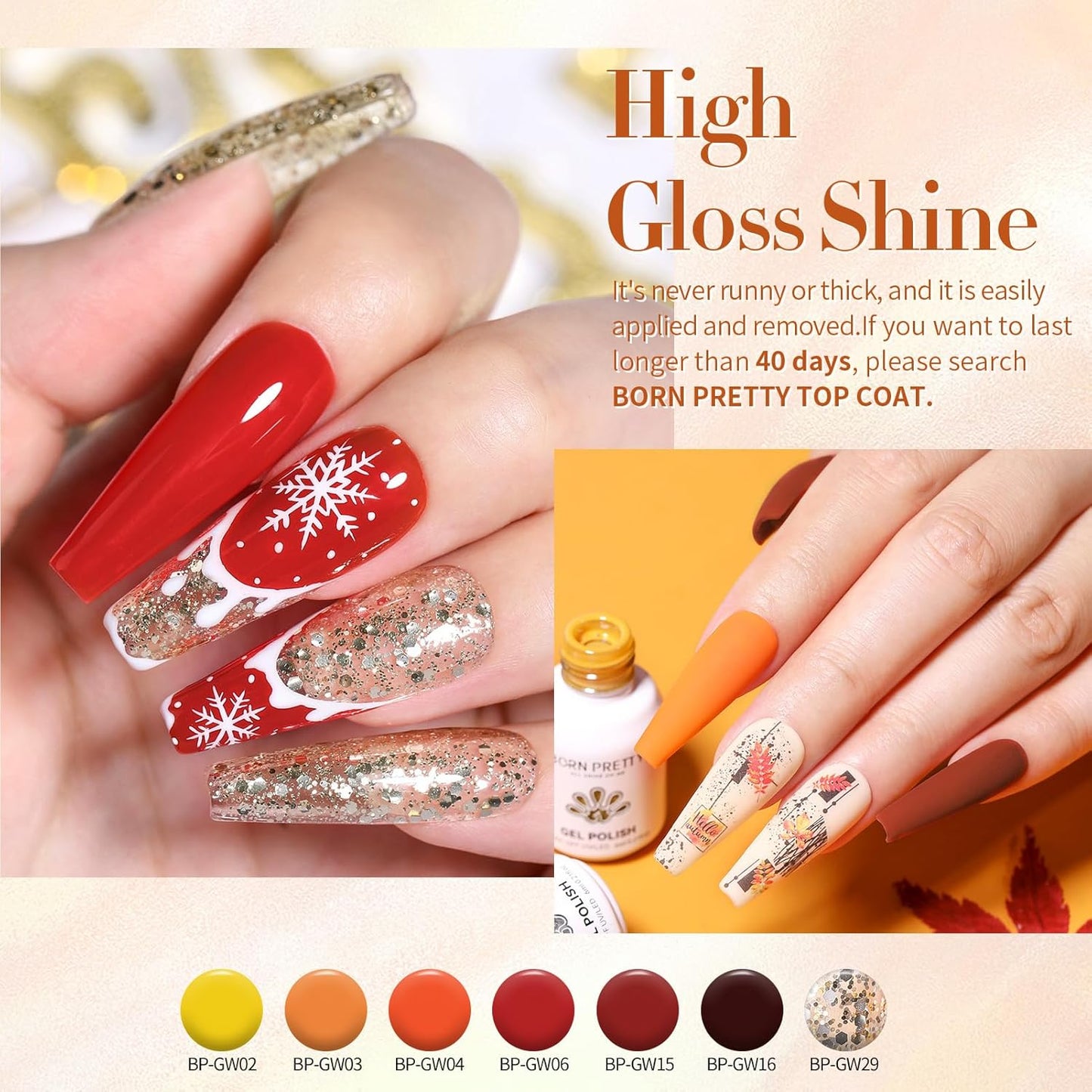 Born Pretty Fall Winter Gel Nail Polish Set Autumn Gel Polish Orange Pumpkin Cozy Campfire Brown Caramel Burgundy Wine Red Green Coffee Gel Nail Polish Fall Colors Collection 39PCS