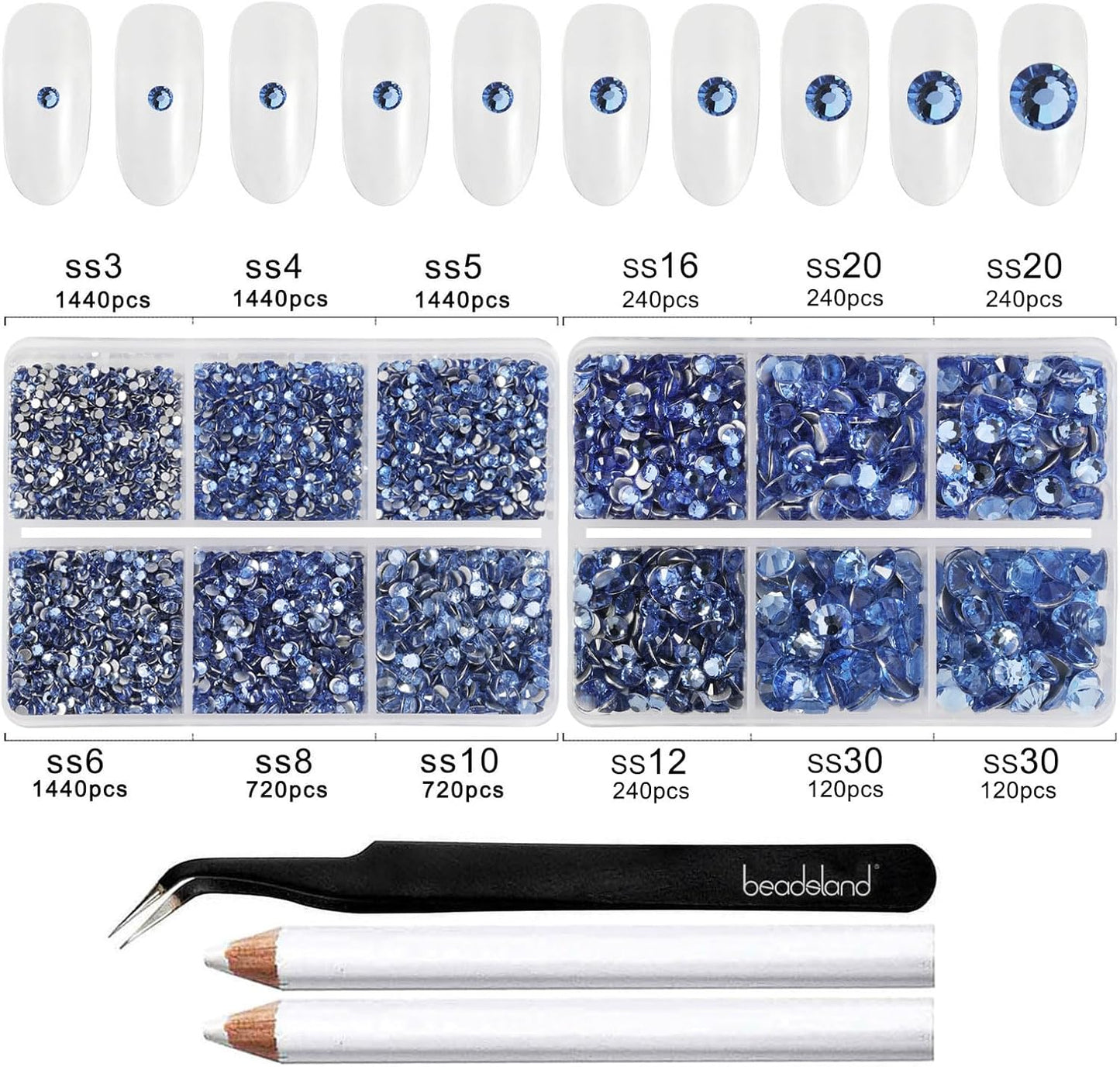 Beadsland 8300PCS Flatback Rhinestones, Light Blue Rhinestone Nail Gems Round Crystal Rhinestones for Crafts, Mixed 10 Sizes with Wax Pencil and Tweezer Kit, SS3-SS30, Light Sapphire