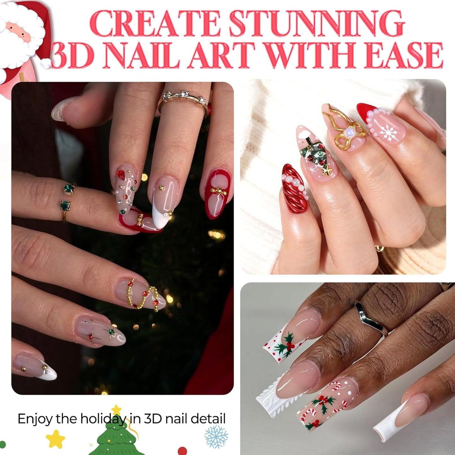 3D Gel Nail Art: 4 in 1 3D Nail Sculpting Gel for Molding, Drawing, Chrome Powder, Rhinestone Charms Glue, No Wipe Clear for DIY Fall Christmas Nail Art at Home, Lamp Curing Needed