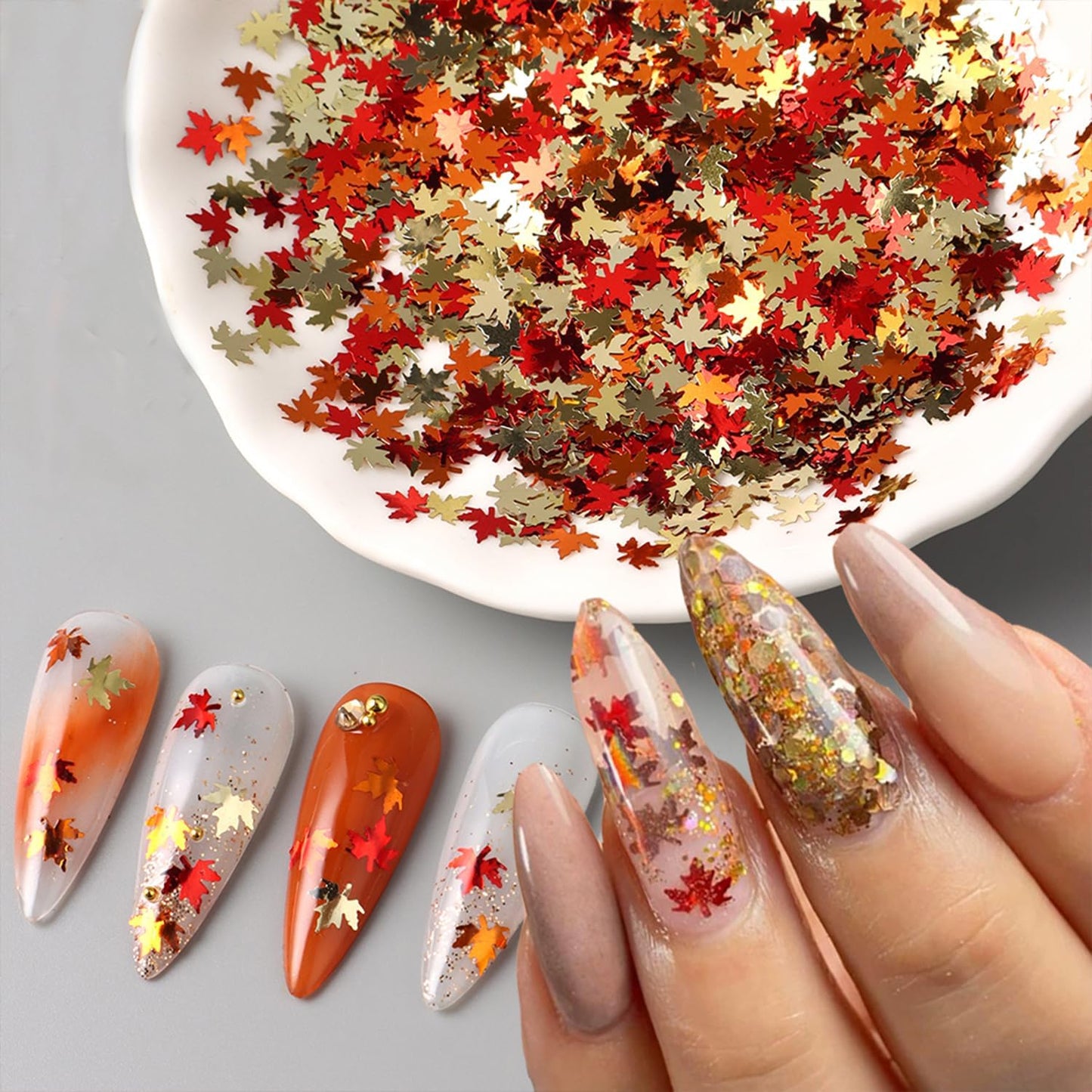 Laser Maple Leaf Nail Sequins Fall Maple Leaves Glitter for Nails Holographic Nail Art Design Supplies 3D Autumn Glitters Flakes Decor