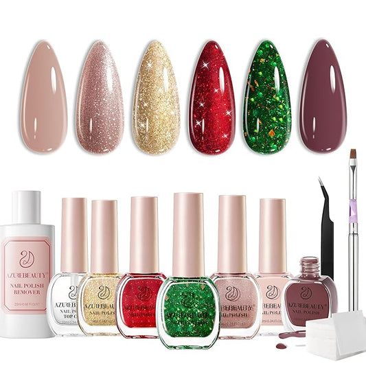 AZUREBEAUTY Christmas Nail Polish Set 6 Colors Glitter Red Green Quick Dry with Top Coat & Nail Polish Remover Long Lasting Sheer