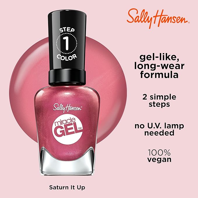 Sally Hansen Miracle Gel Salon Quality Nail Polish | Gel-Like Formula, Two-Step System, No UV Light Needed, Long Lasting | Opaque, Shimmer | 242 Saturn It Up! | Muave Pink Nail Color