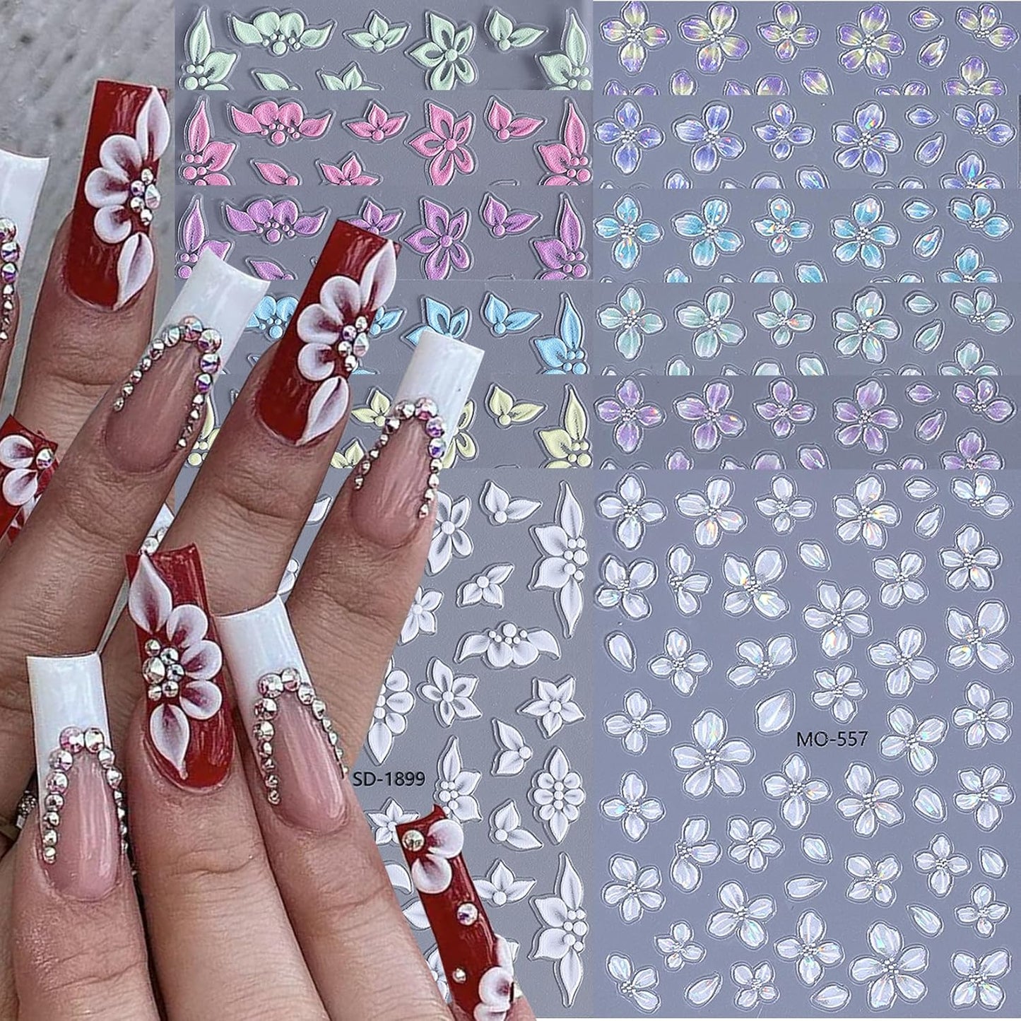 Acrylic Flowers for Nail Stickers - 12PCS 5D Embossed Petal Floral Nail Art Decals Aurora Shell Shinny Lily Hibiscus Sticker Tropical Summer Designs DIY Nail Art Supplies for Women Girls