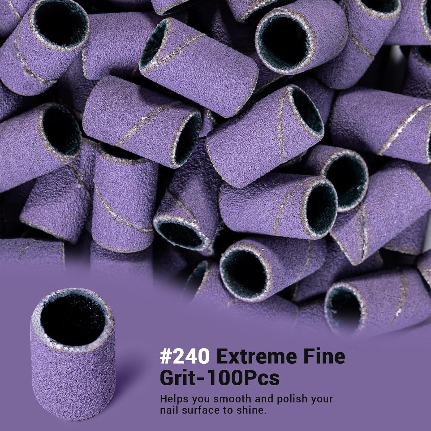 MelodySusie 100 Pcs Nail Drill Bits Sanding Bands for Nail Drill 240 Extreme Fine Grit Nail File Sanding Bands for Acrylic Nails Gel Manicures and Pedicure, Purple