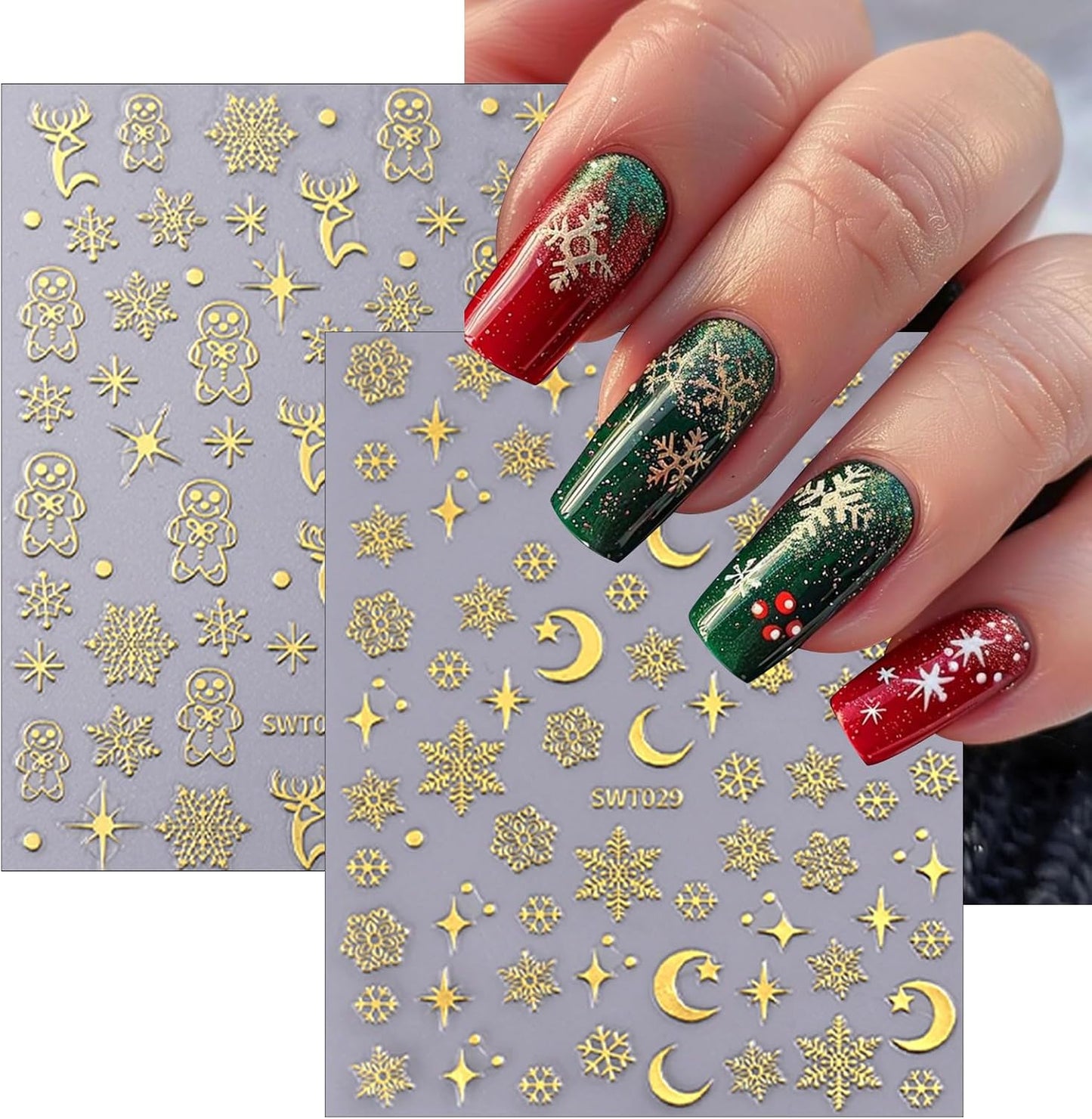 6 Sheets Christmas with Rhinestones Nail Art Stickers 3D Self-Adhesive Gold Silver Elk Snowflake Nail Stickers Glitter Christmas Tree Nail Decals Acrylic Nail Supplies for Women Girls Nail Decoration