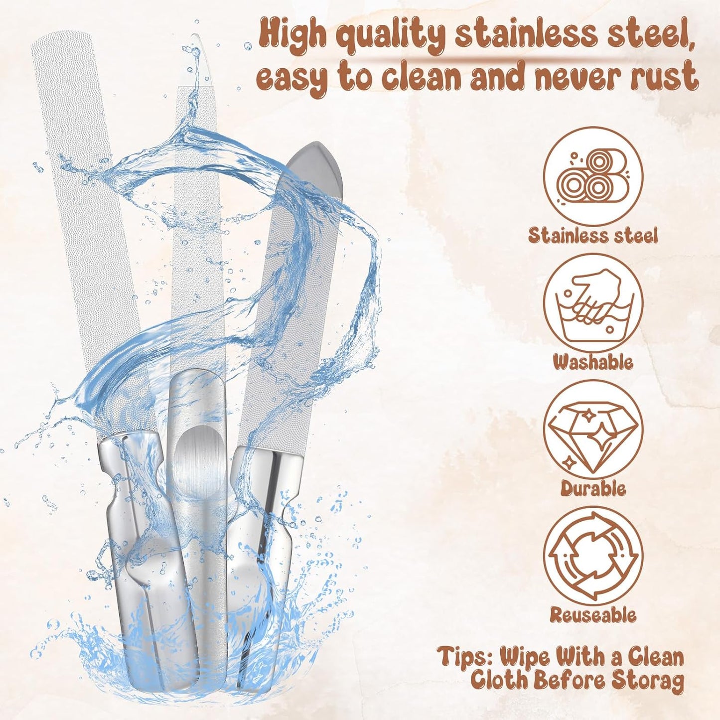 Stainless Steel Nail Files with Leather Case, 3 Sizes Files Set Double Sided Anti-Slip Handle Metal Nail Buffer Pointed Tip Manicure Tool Professional Curved Rasp Natural Fingernail Home Salon