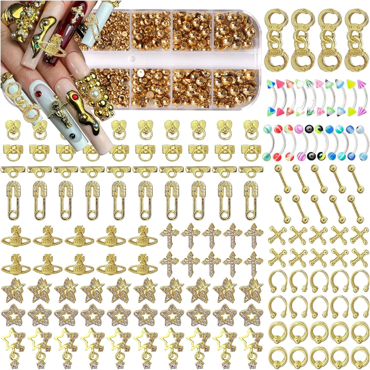 154PCS Gold Nail Charms for Acrylic Nails,Star Planet Cross Handcuffs Pins Doorknobs Puncture Golden Half Round Pearl Nail Accessories Nail Art Supplies Manicure Craft DIY
