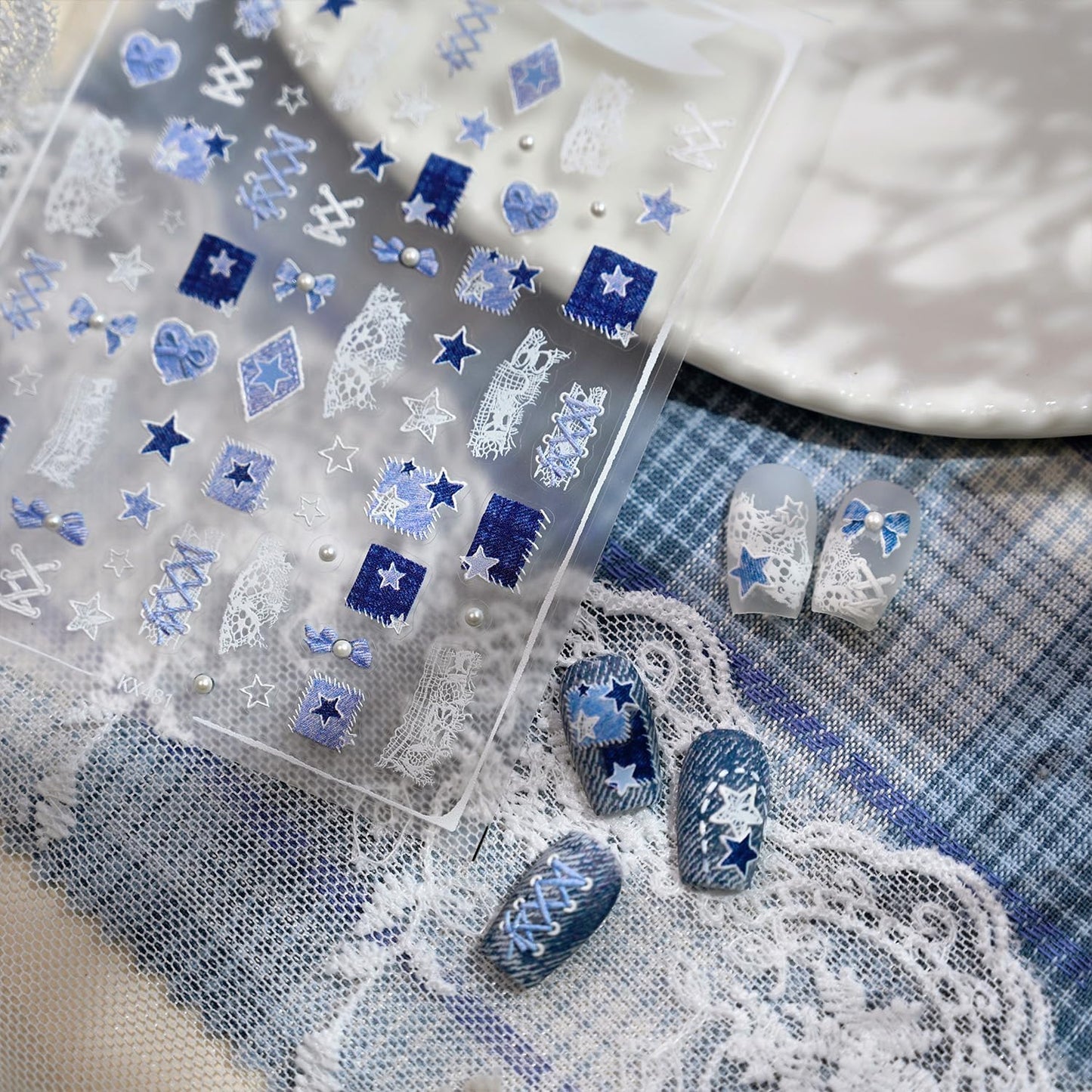 Cowboy Nail Art Stickers Decals 5D Embossed Bow Star Pearls Nail Stickers Self-Adhesive Blue Cowboy Nail Decals Supplies for Women DIY Manicure Decorations 1 Sheets