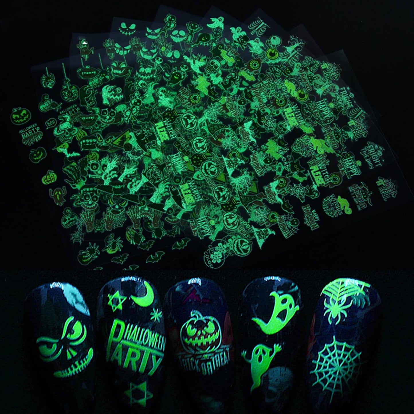 Halloween Glow in The Dark Nail Stickers, 3D Luminous Ghost Nail Art Decals, Self-Adhesive Pumpkin Spider-Web Bat Design for DIY Supplies Decoration (10 Sheets)