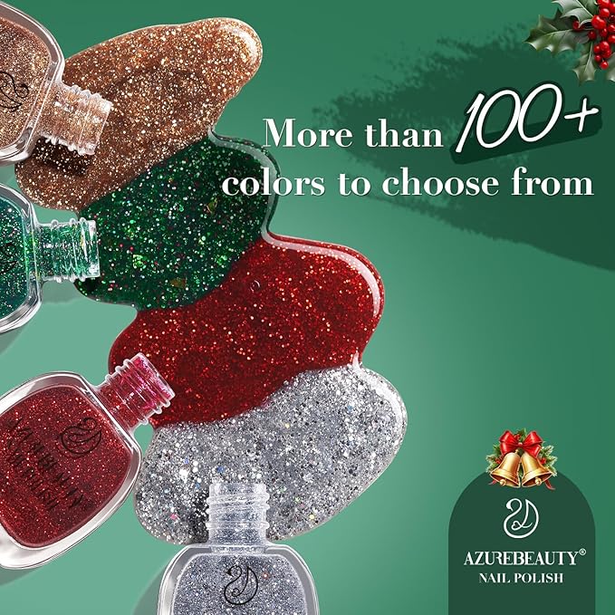 AZUREBEAUTY Christmas Nail Polish Quick Dry Green Glitter Nail Polish Natural Shine Nail Lacquer Salon-Quality for Women Girl Gift Set 1Pcs 0.34 fl oz