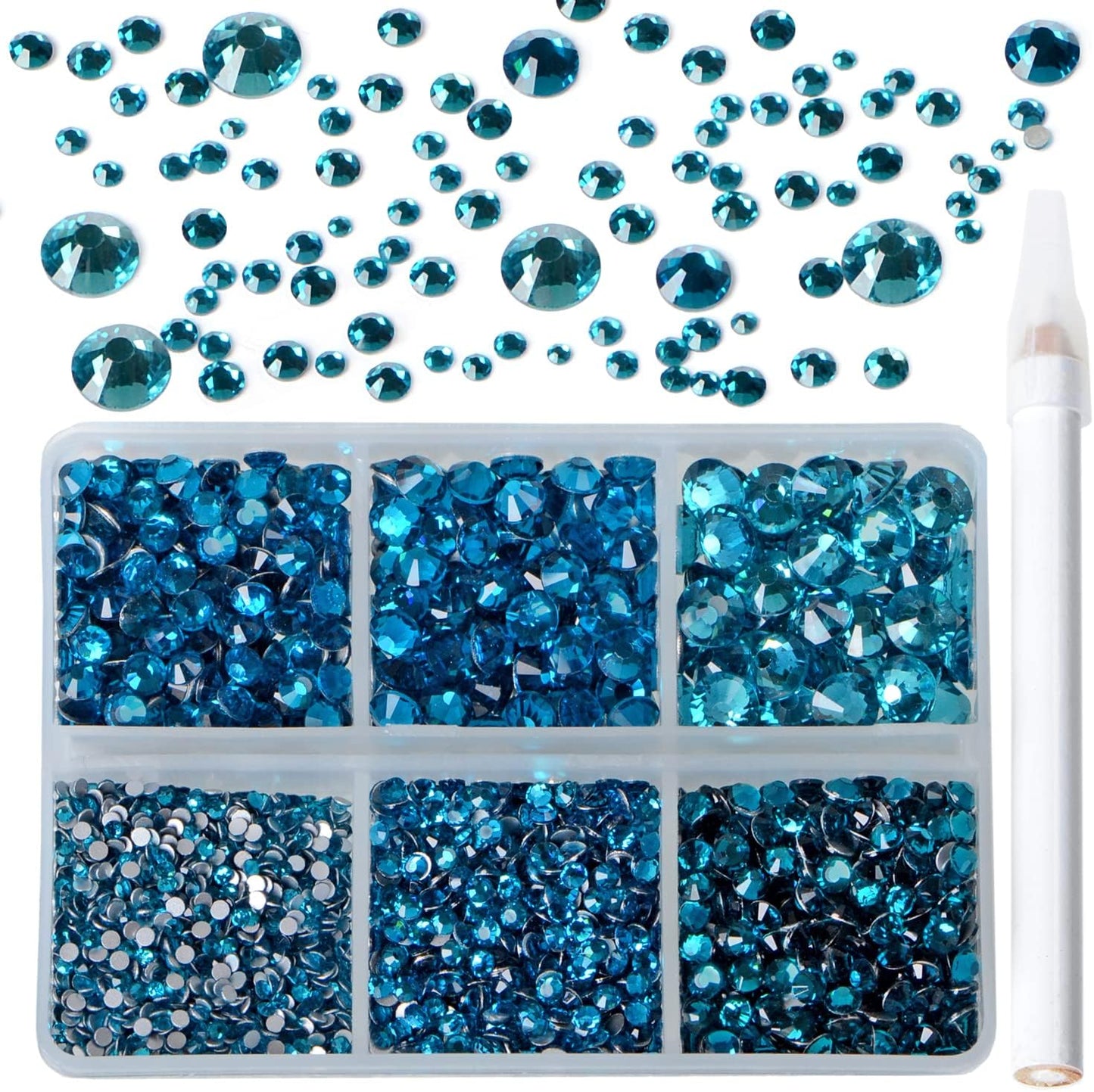 Bymitel 5000 Pieces 6 Mixed Sizes Glue Fix on Glass Rhinestones Round Crystal Gems Flatback for DIY Jewelry Making with one Picking Pen (6-Sizes 5000PCS, Blue Zircon)