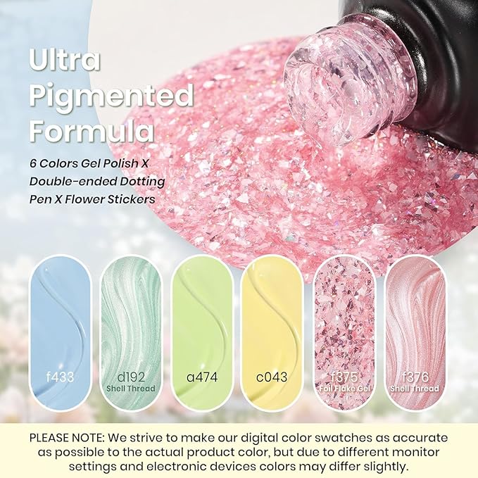Beetles Pastel Gel Nail Polish - Spring Scenery By the Lake Soak Off UV LED Gel Polish, 6 Colors Pink Green Yellow Drawing Swirl Shell Thread Effect Nails DIY Manicure Gifts for Women