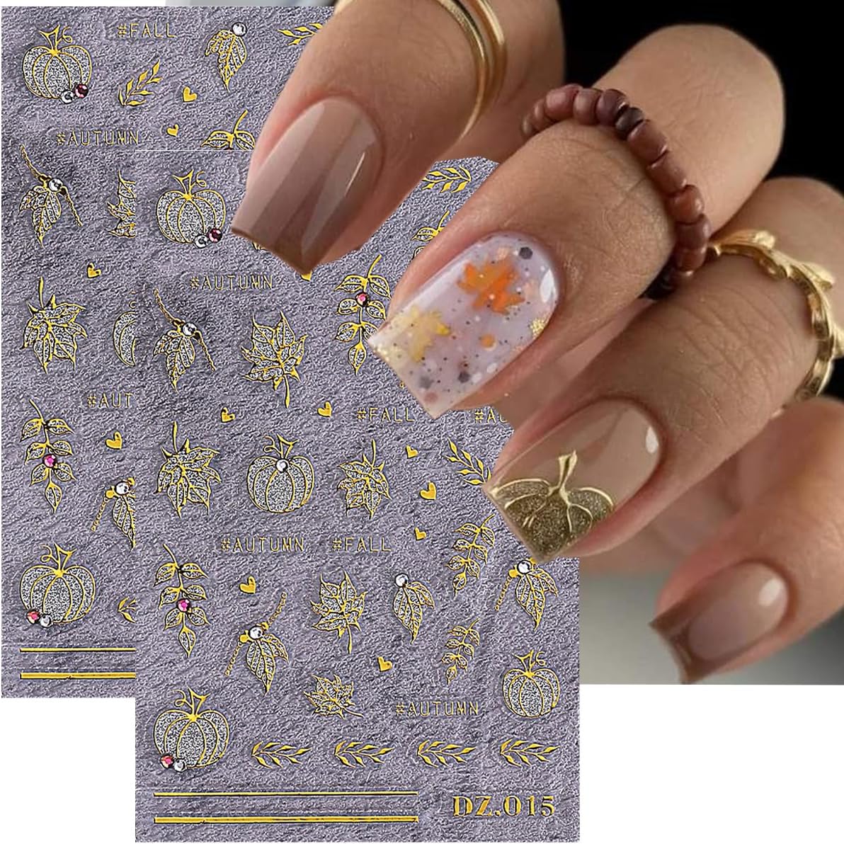 Fall Nail Art Stickers Autumn Maple Leaf Nail Decals with Rhinestone 3PCS Gold Maple Leaves Pumpkin Nails Design Self-Adhesive Fall Nail Stickers for Women Thanksgiving Day Manicure Nails Decoration