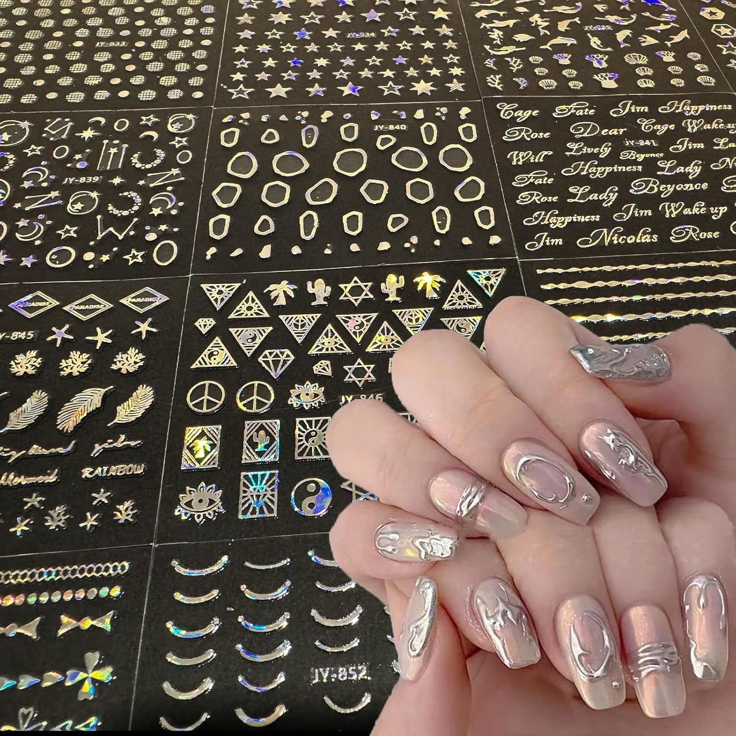 30 Sheets Silver Nail Art Stickers Aurora Star Moon Nail Decals 3D Self-Adhesive Holographic Line Nail Stickers Laser Heart Letter Snowflake Leaf Nail Supplies for Women Girls Manicure DIY