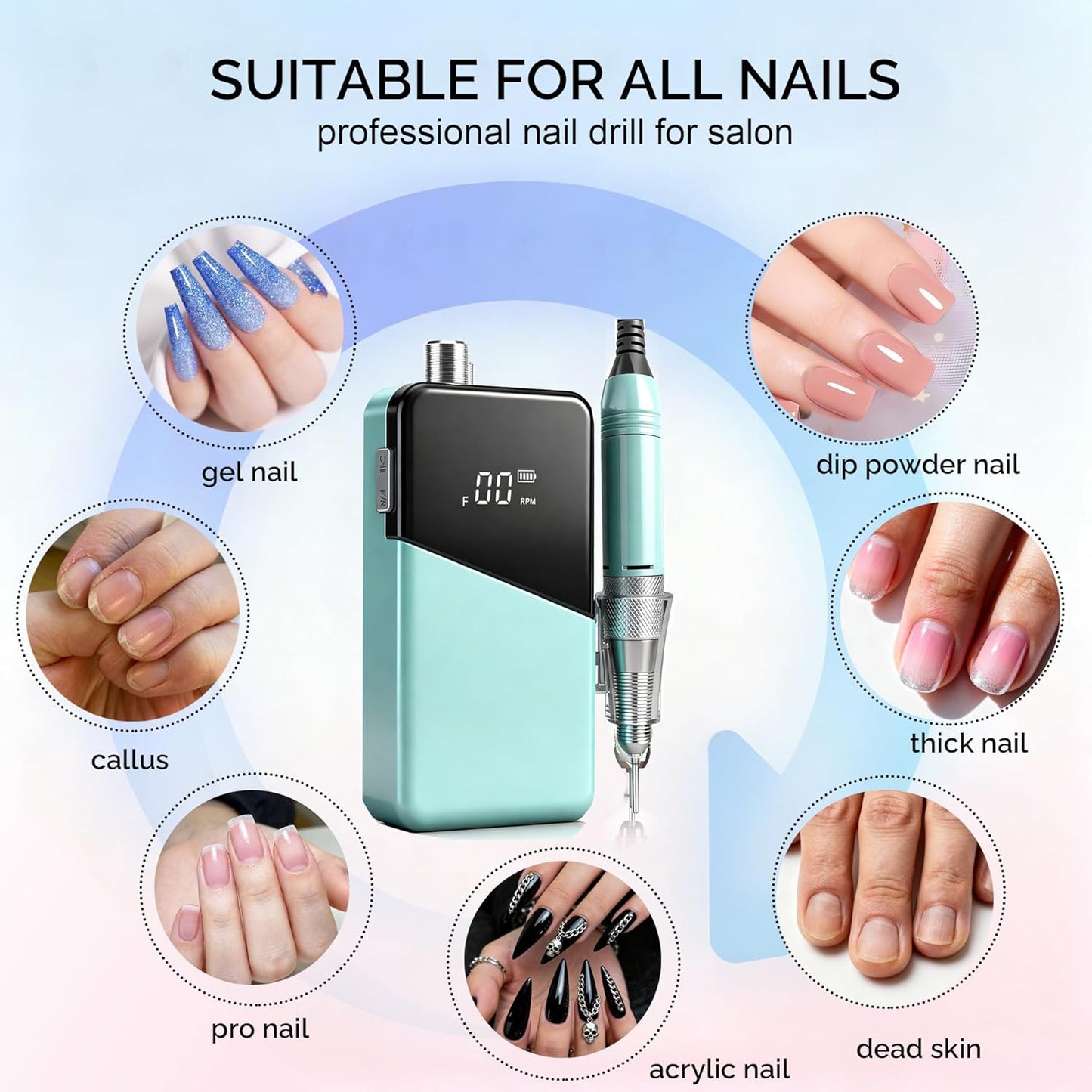 Electric Nail Drill Machine,Lumcrissy Portable Rechargeable 35000 RPM Electric Nail File E-File ,Electric Acrylic Nail Tools ,Polishing,Nail Removing (Light Green)