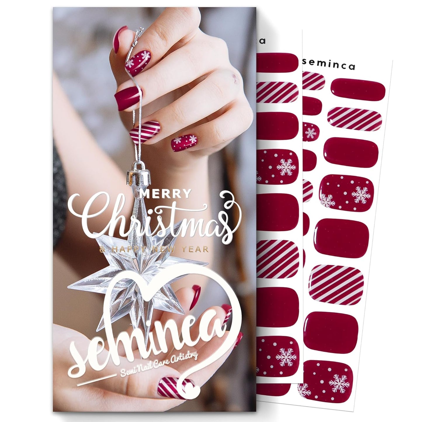 Semi Cured Gel Nail Strips-Works with Any UV/LED Lamps(Maroon Snowflake)