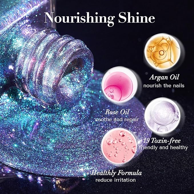 AZUREBEAUTY Holographic Nail Polish Set: 4 Colors Quick Dry Purple Pink Chameleon Fall Winter Natural Fingernail with Top Coat DIY Salon Gift for Women