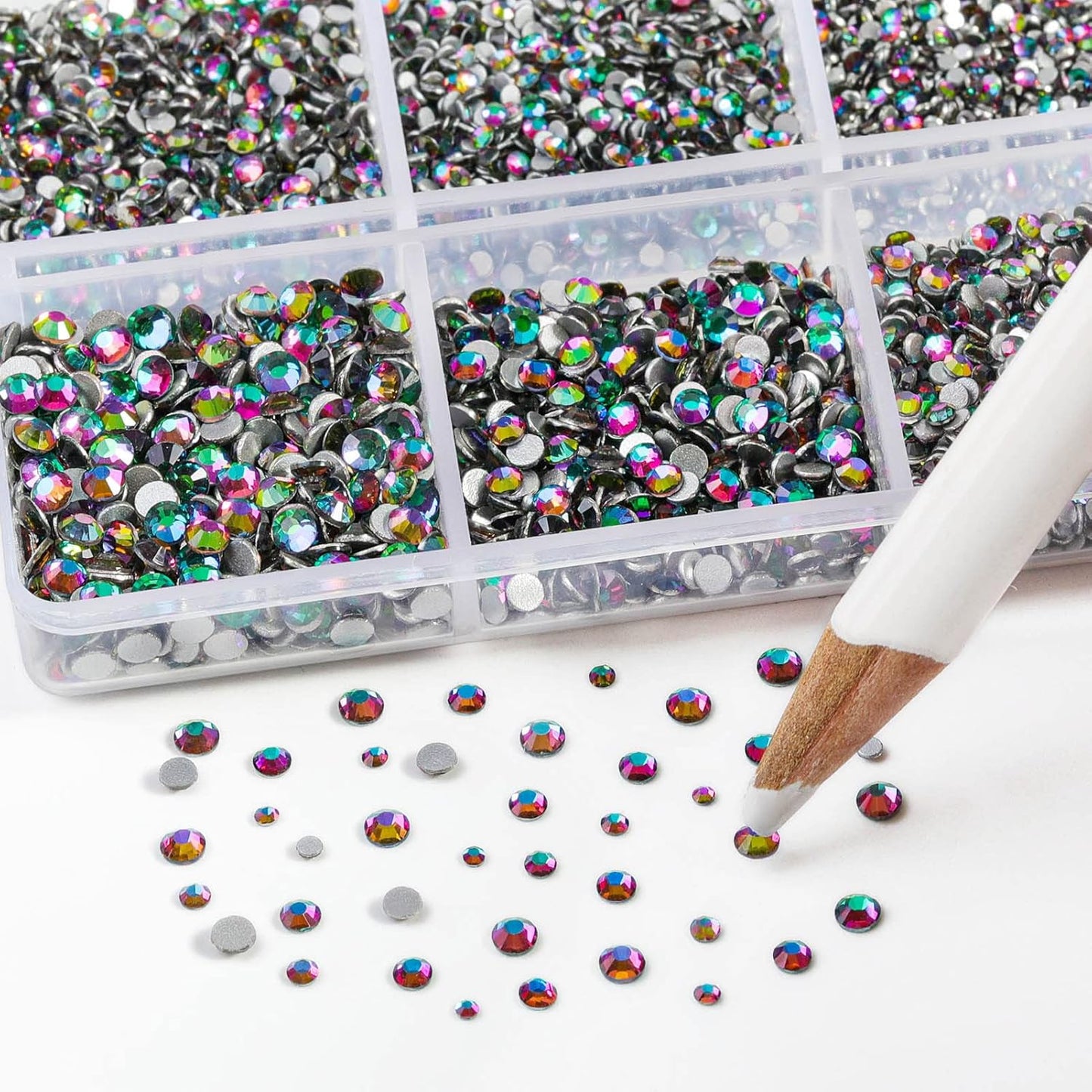 Beadsland 7200pcs Flatback Rhinestones,Green Rhinestone Nail Gems Round Crystal Rhinestones for Crafts,Mixed 6 Sizes with Wax Pencil Kit, SS3-SS10,Green Volcano