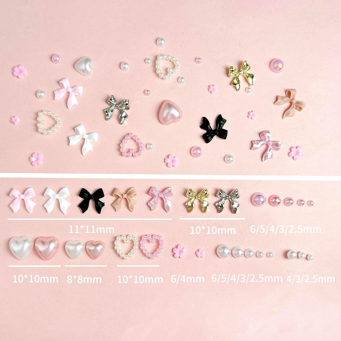 Gold Bow Nail Charms Kit, Cute Pink Flowers Bows 3D Nail Charms for Nails Decoration, White Flatback Pearls Heart Nail Art Jewels for Women Manicure DIY Crafts Accessories