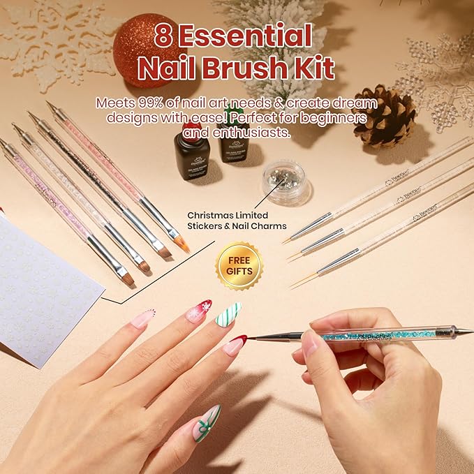 Beetles Christmas Nail Art Brushes 8pcs – Crystal Christmas Nail Art Tools 5pcs Double-ended Nails Dotting Tool, 3pcs Striping Liner Brushes for Nails with Charms and Stickers Manicure Design Tools
