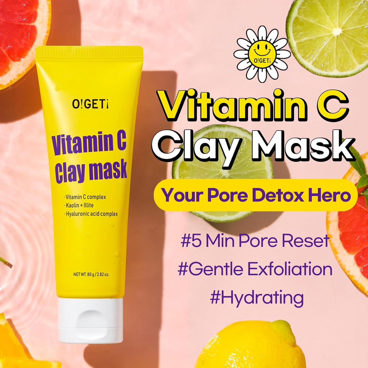 Vitamin C Clay Mask, Hydrating & Brightening Face Mask, Fermented Natural Clay, Kaolin & BHA, Upcycled Green Tangerine, 2.8oz