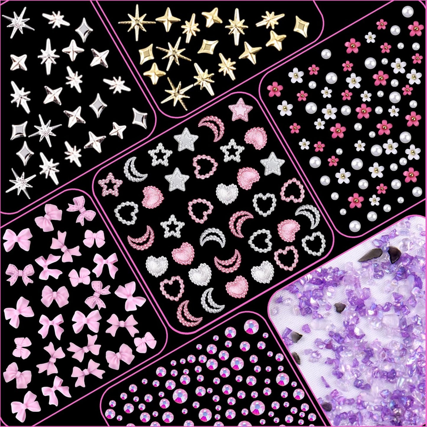 3D Nail Charms, Mixed Flower Bow Moon Heart Star Nail Art Charms Nail Art Charms, Half Round Pearl+Flatback Pink Gems+Gravel Diamond+Nail Studs, Nail Gems for Nail Art DIY Decoration with Pickup Tools