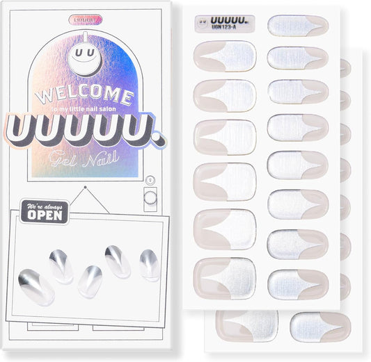 UUUUUU Semi Cured Gel Nail Strips | Salon-Quality | UV Free Gel Nail Wraps for Women | Easy Peel&Stick | Long-Lasting up to 14 Days | 28 Strips Set+File & Wipes | Gift-Ready(UGN123 Silver Cross)