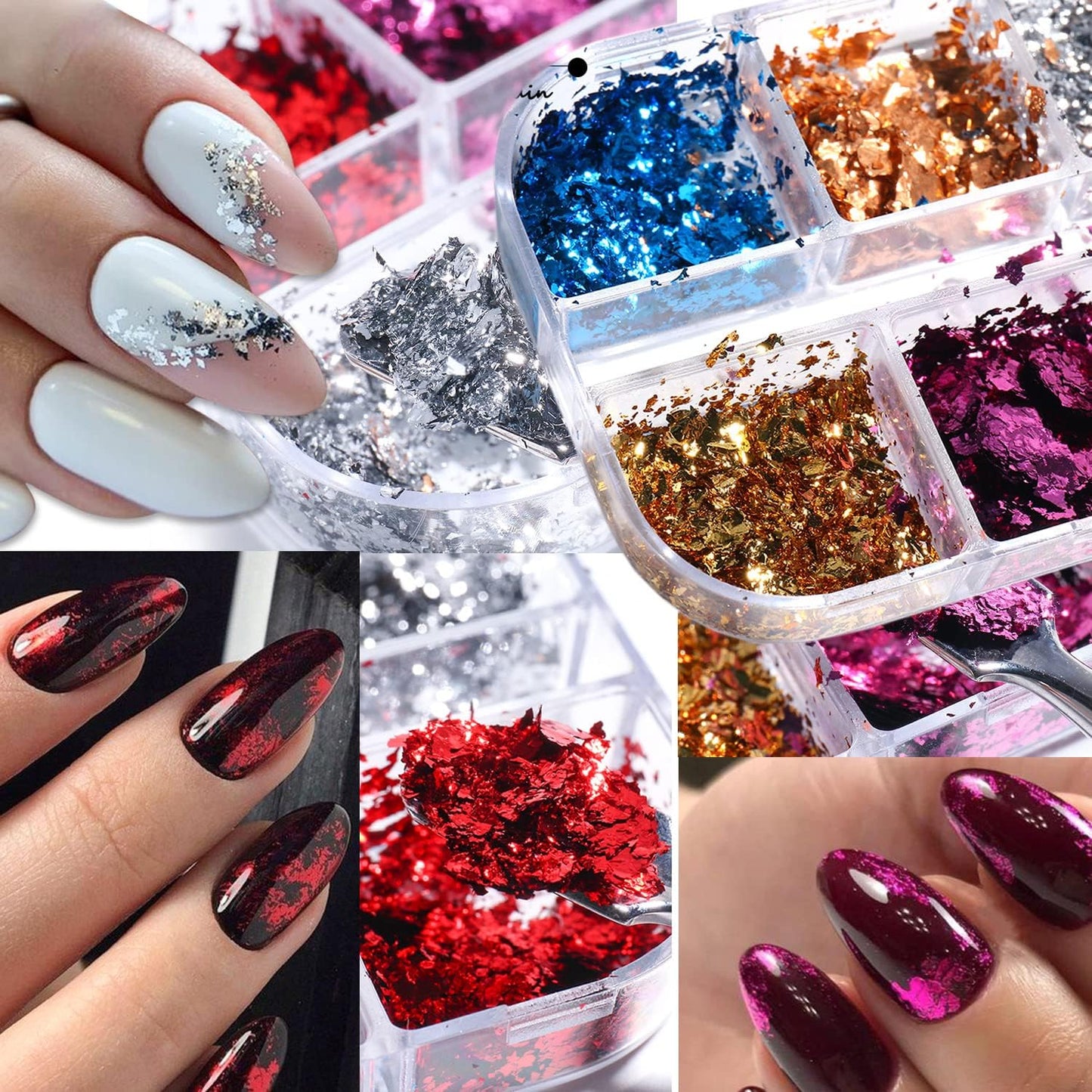 Nail Art Foil Glitter Flakes, Holographic Ultra-Thin Aluminum Foil Sequins Design, Metallic 3D Sparkly Nail Foils Acrylic Supplies for Women Girls Manicure Shiny Decorations, Gold Foil Nail Art Tips