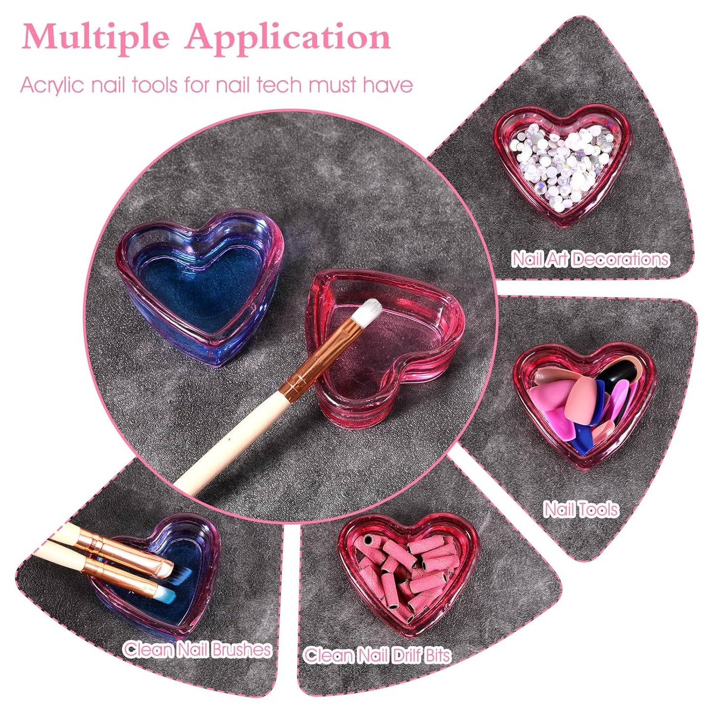 Ouligay Dappen Dish for Monomer, 2pcs Heart-Shaped Dampen Dish for Nails, Glass Monomer Dish, Crystal Monomer Cup for Acrylic Liquid, Nail Art Tools, Pink