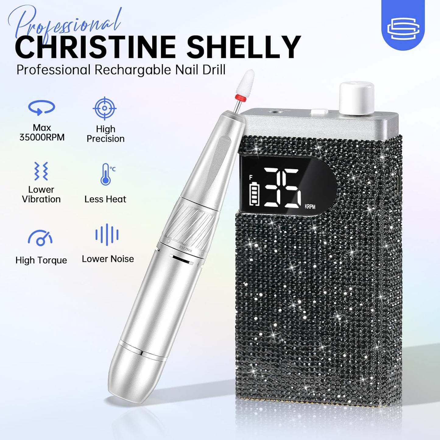 Rechargeable 35000RPM Nail Drill Sparkling Portable Professional Electric Nail File for Acrylic/Gel Nails Professional Nail Tools for Manicure Pedicure, Black Diamond