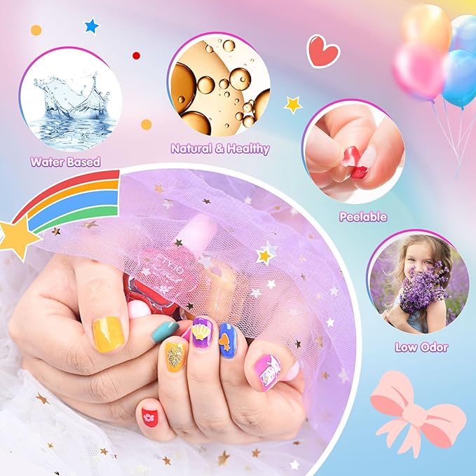 Kids Nail Art Set - Non-Toxic, Water-Based Peel-off Quick Drying Nail Polish, 6 Rainbow Colors for Kids Age 3+