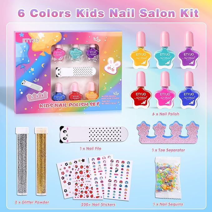 Kids Nail Art Set - Non-Toxic, Water-Based Peel-off Quick Drying Nail Polish, 6 Rainbow Colors for Kids Age 3+