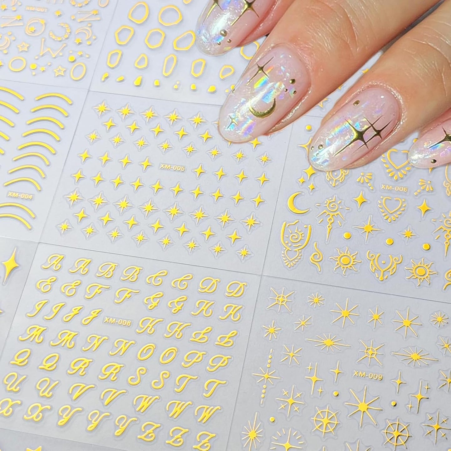 30 Sheets Star Nail Sticker Gold Star Moon Nail Art Stickers Heart Knot Bow Design 3D Self-Adhesive Nail Decals for Women Girls DIY Nail Art Decoration Accessories