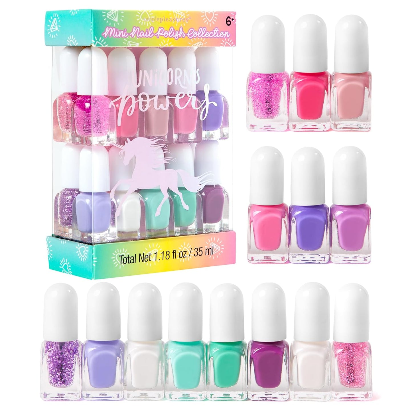 SIMPLE PLEASURES Unicorn Power Kids Nail Polish Set for Girls – 14 Water-Based Non -Toxic Nail Art Kit - Gift Set for Girls Ages 7-12