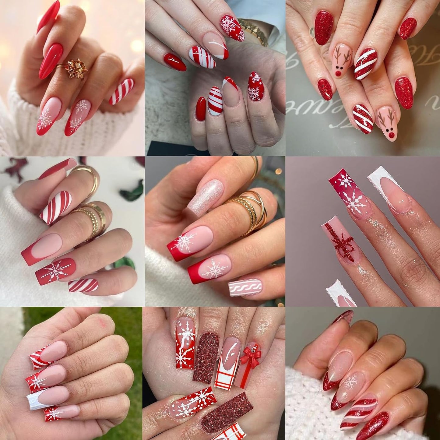 6 Sheets Christmas Hat French Nail Art Stickers 3D Christmas Snowflake Gift Bow Nail Decals Self-Adhesive Glitter Stripe Nail Stickers Winter Xmas Nail Design for Women Girls Manicure Decoration