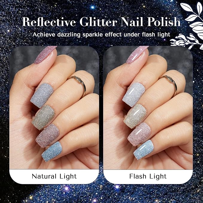 AZUREBEAUTY Reflective Nail Polish Set, 8 Colors Glitter Sparkly Shiny Green Silver Pink Quick Dry Natural Nail Lacquer Strengthening Treatment DIY Manicure Nail Salon