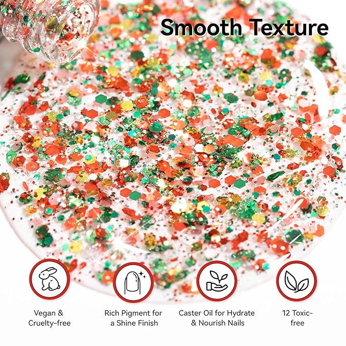 Christmas Nail Polish, Red Green Gold Glitter Regular Nail Polish, Quick Air Dry, Non-gel, Vegan, Sparkle Holiday Nail Art DIY Home Travel Manicure Gift for Women Girls