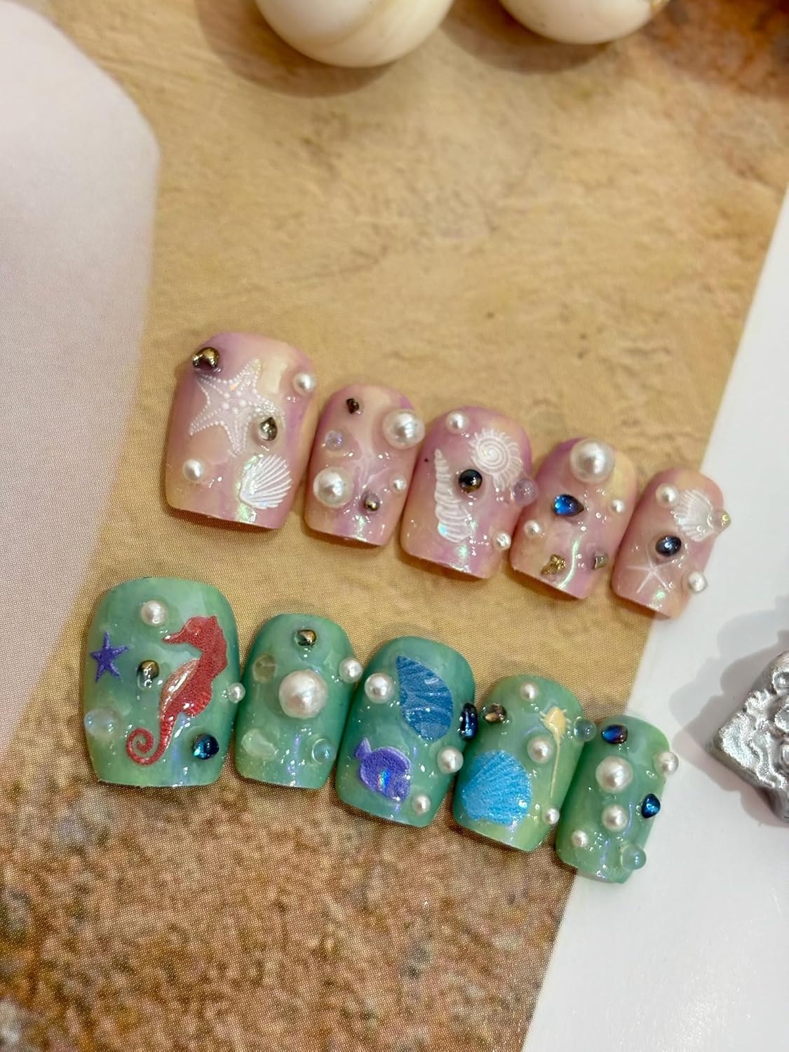 Summer Ocean Style 5D Embossed Dream Shell Starfish Jellyfish Beach Nail Stickers - DIY Nail Art Decorations for Summer Vacation A Set of 3 Sheets
