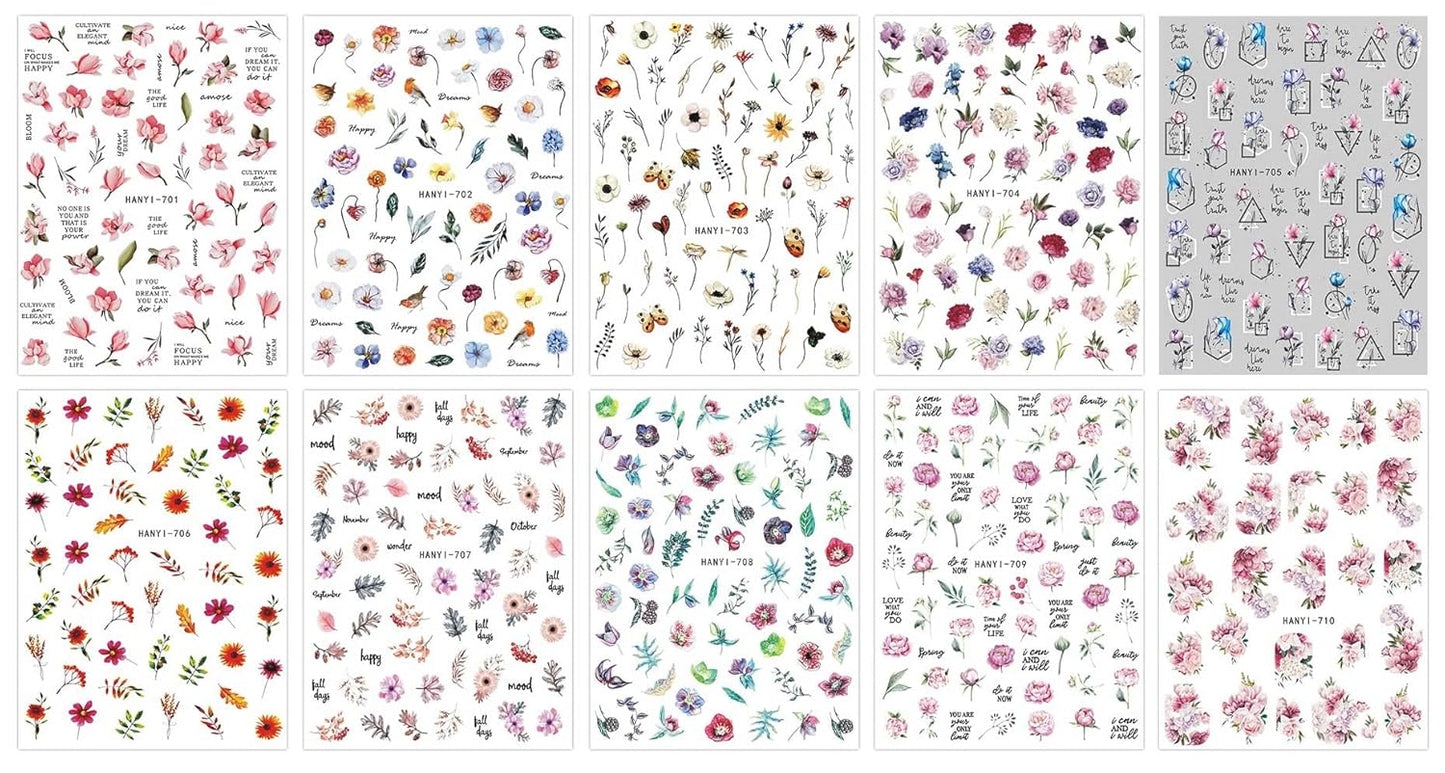 JMEOWIO 10 Sheets Spring Flower Nail Art Stickers Decals Self-Adhesive Pegatinas Uñas Colorful Floral Summer Nail Supplies Nail Art Design Decoration Accessories