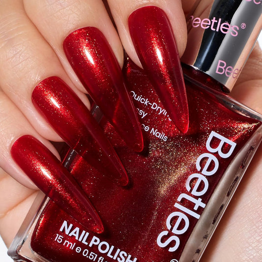 Beetles Red Glitter Nail Polish - 15ml Ruby Radiance Red, Air-Dry Shimmer for Christmas DIY Manicure