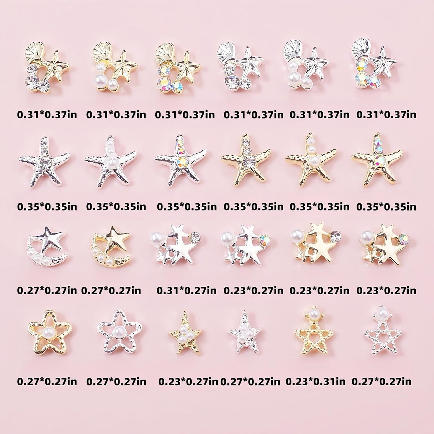 18Pcs Mixed Color 3D Starfish Nail Charms Alloy Summer Beach Nail Art Rhinestones Ocean Theme Shell with Flatback Pearls Caviar Beads Designs Nail Charms Summer Beach DIY Crafts Manicure Decoration