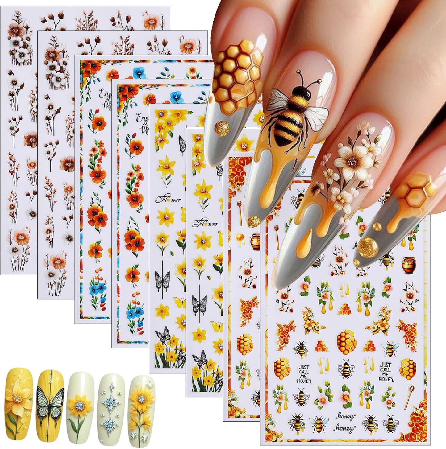 8 Sheets Multi Styles Sunflower Nail Art Stickers Summer Floral Self-Adhesive Yellow Orange Sun Flowers Butterfly Bees Decals Nail Sticker for Women Girls Manicure Tips Decoration