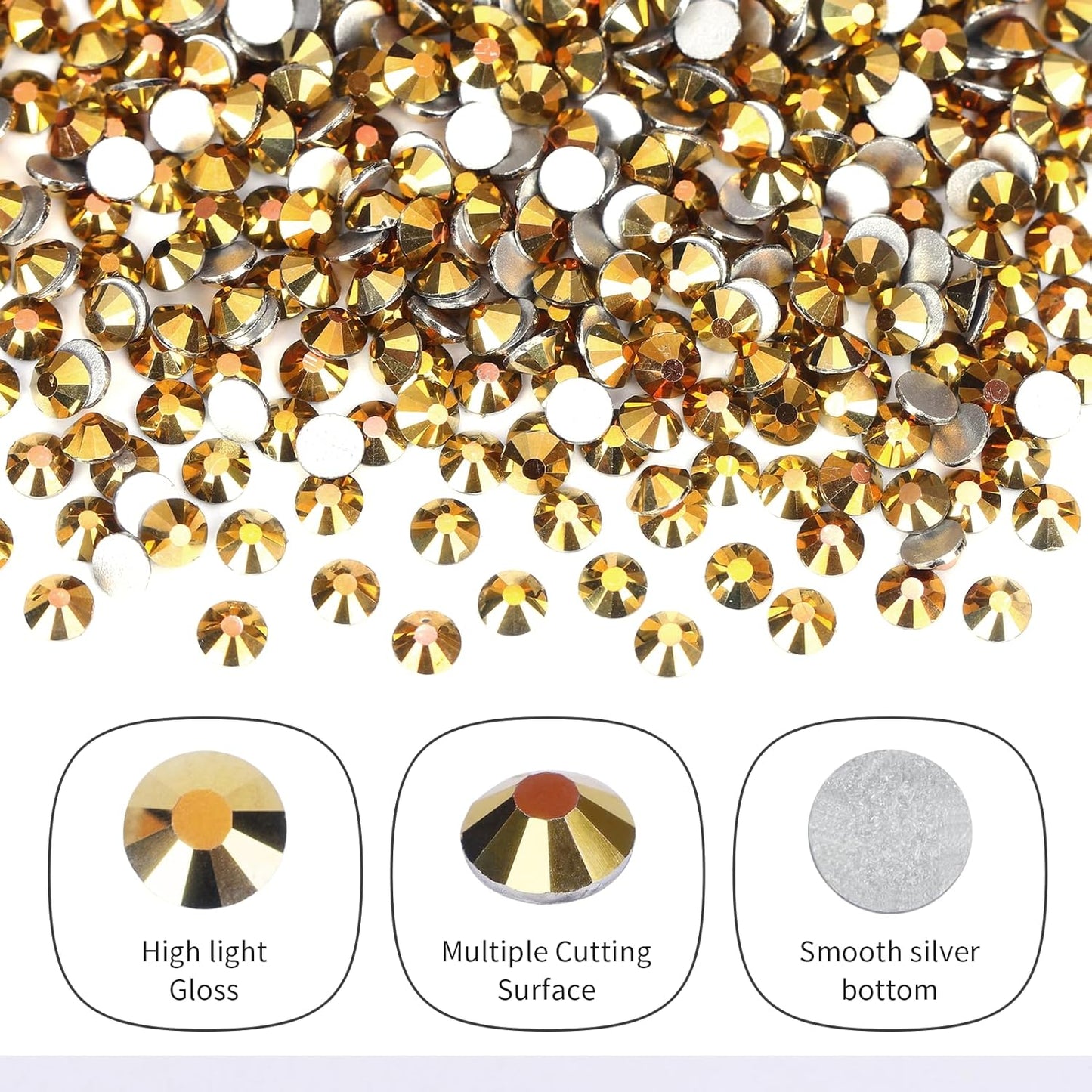 10000PCS Gold Rhinestones Bulk, Flat Back Crystal Glass Stone Round Gems,SS10, 2.7-2.9mm