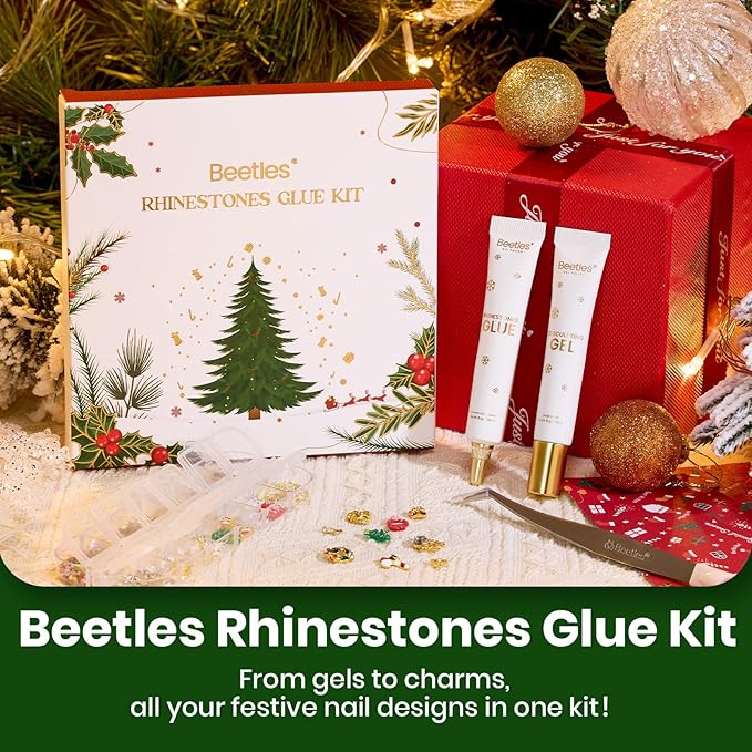 Beetles Christmas Rhinestones Glue Kit - 15ml Nail Rhinestone Glue and 3D Sculpting Gel with Christmas Diamond Jewelry & Bonus Tweezers for Nail Art DIY Gifts