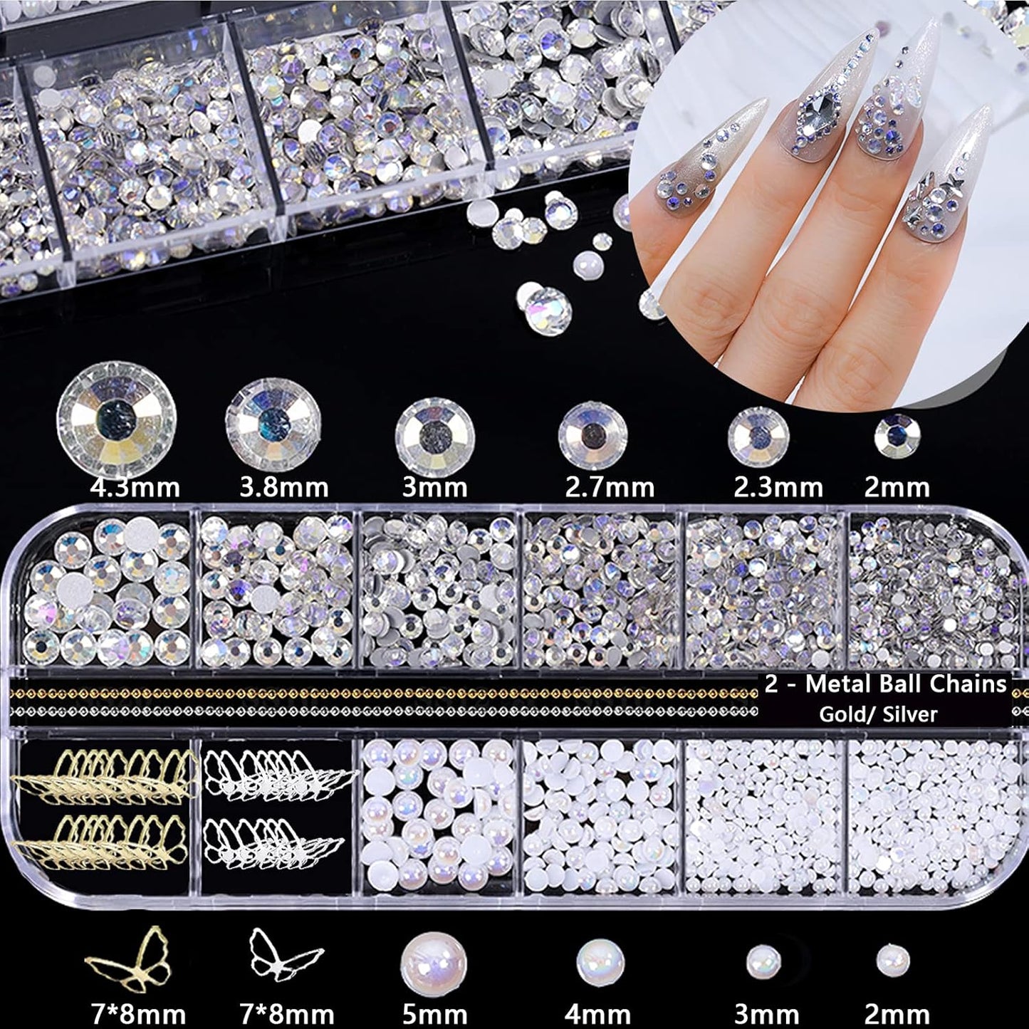 3D Acrylic Butterfly Flowers Bear Nail Charms Art 3D, AB Crystal Rhinestones Multi Shapes Pearl Gold Metal Art, Decal Jewelry Accessories DIY Crafting, 2 Piece Set