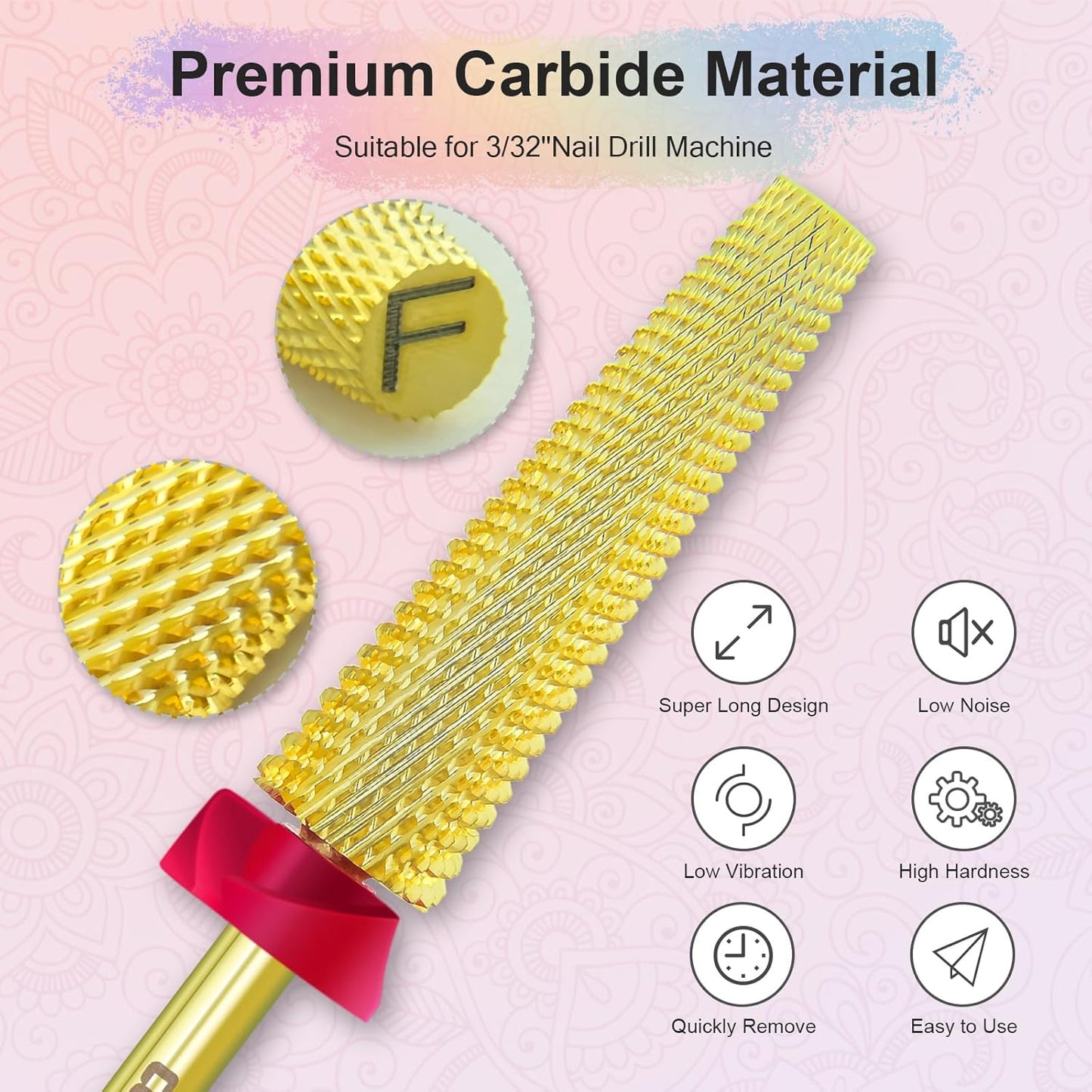 Depvko Super Long 5 in 1 Nail Drill Bits, 3/32'' Carbide Tungsten Bits, Two Way Rotate Professional Advanced Safety Bits for Nail, Fast Remove for Manicure Pedicure (Long 5in1-Gold, Fine-F)