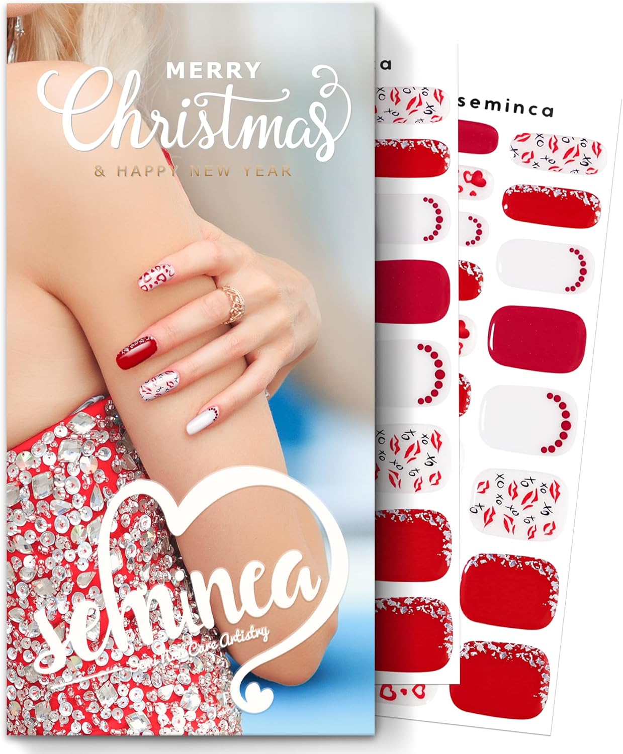Semi Cured Gel Nail Strips-Magenta Sparkle with Pink Winter Designs, 36Pcs Almond Fake Nails, Christmas Party Nails,Works with Any UV/LED Lamps(Romance-Sign)