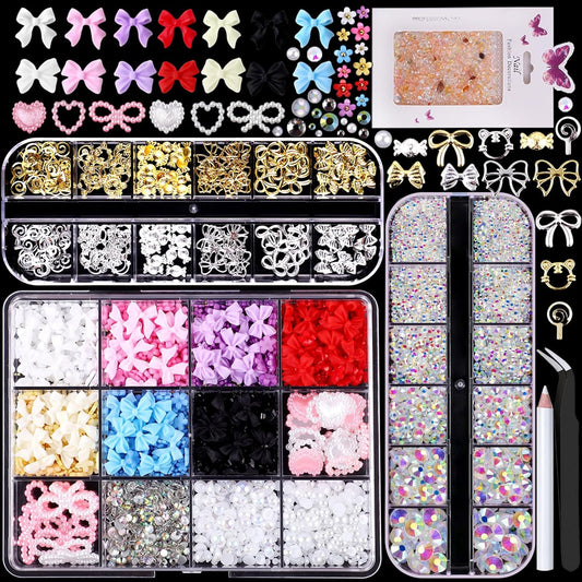 Mixed 3D Nail Charms and Rhinetones, Color Flower Bow Star Nail Art Charms,Half Round Pearl Flatback AB Nail Gems,Gold & Silver Nail Studs,Gravel Diamond Manicure Kit DIY Nail Art Supplies Accessories